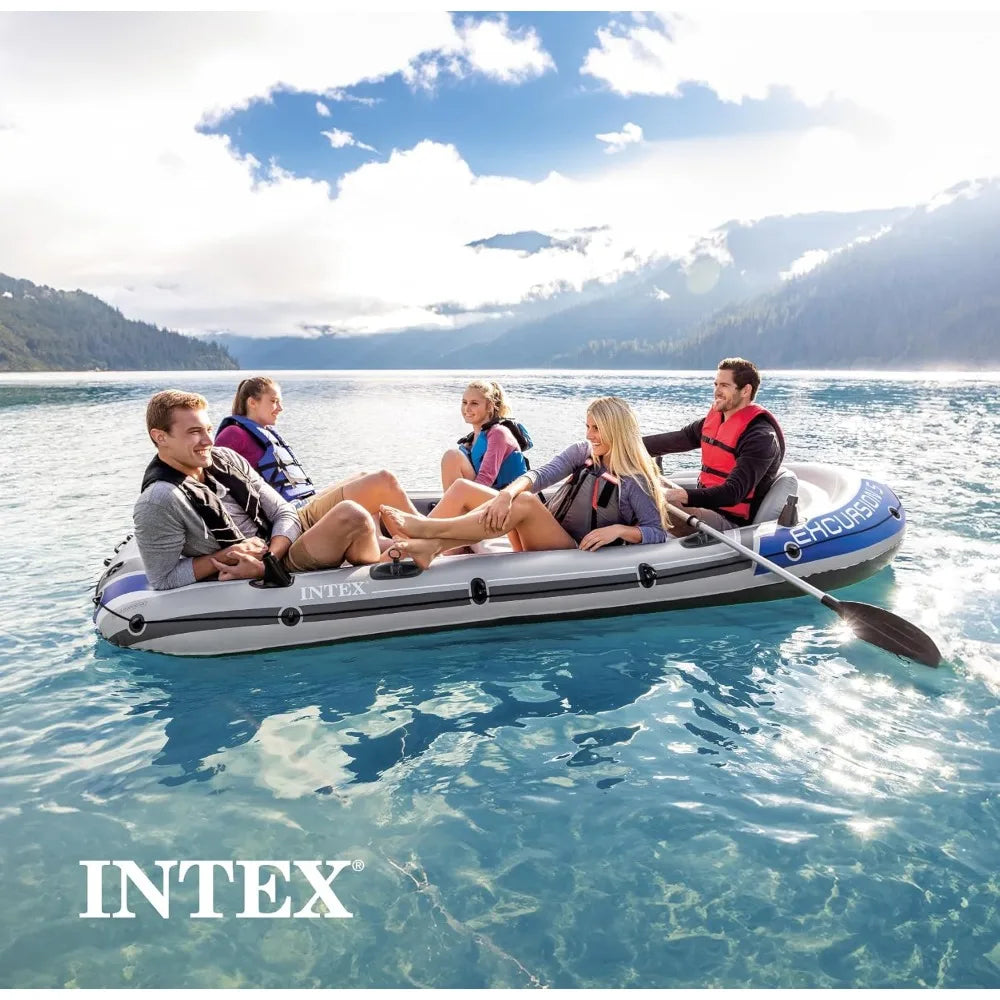 Excursion Inflatable Boat Series with Deluxe 54-Inch Oars and High-Output Pump - Durable PVC Construction and Adjustable Seating